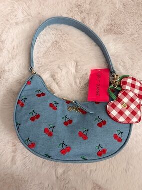 Betsey Johnson, Blue Denim Cherry Embroidered Shoulder Bag.